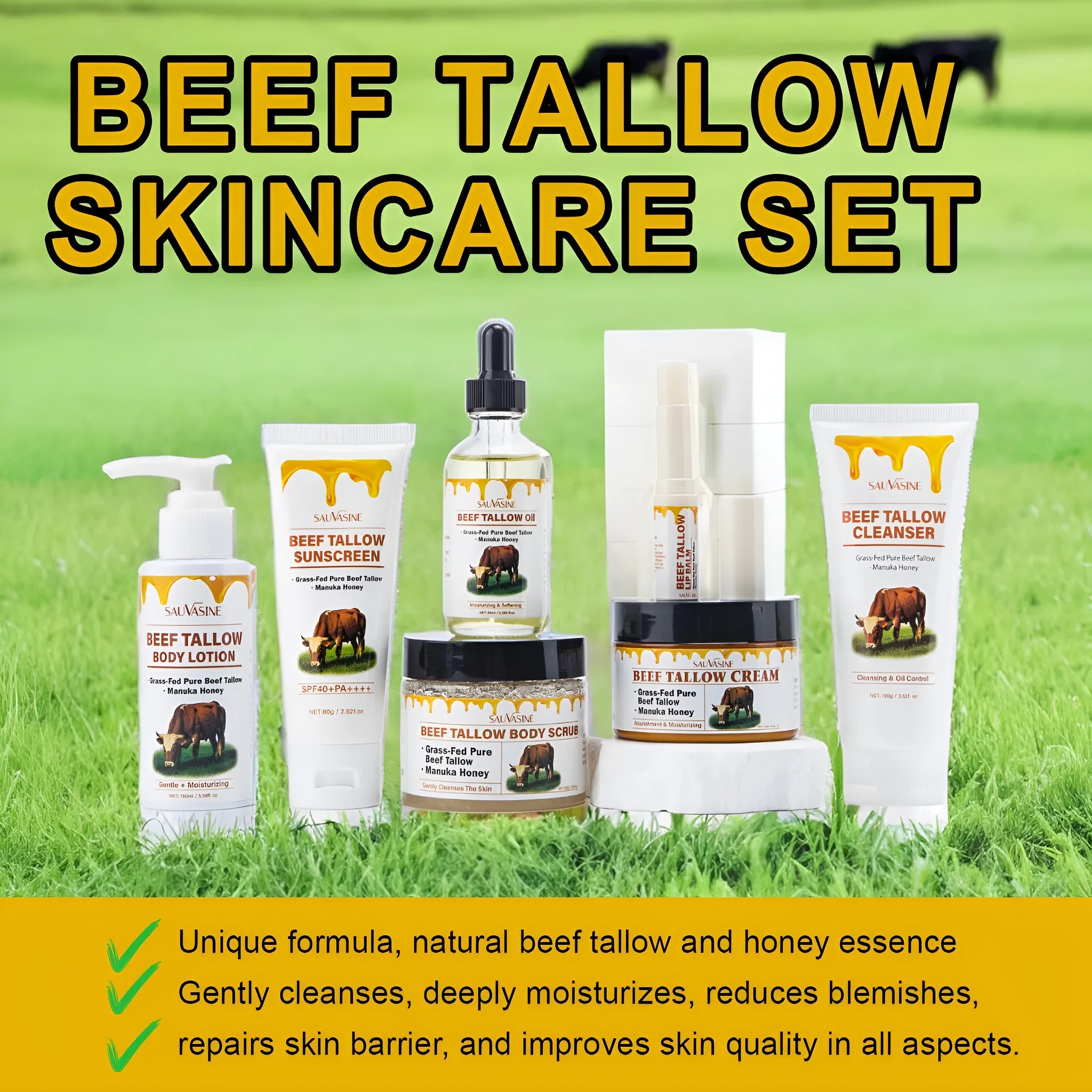 Seven-piece skin care set showing facial cleanser, face cream, lip balm, barrier cream, body lotion, facial scrub and beef tallow balm