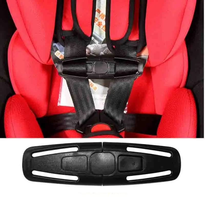 Black nylon child safety seat harness buckle clip for 5-point systems, measuring 14.5cm long.