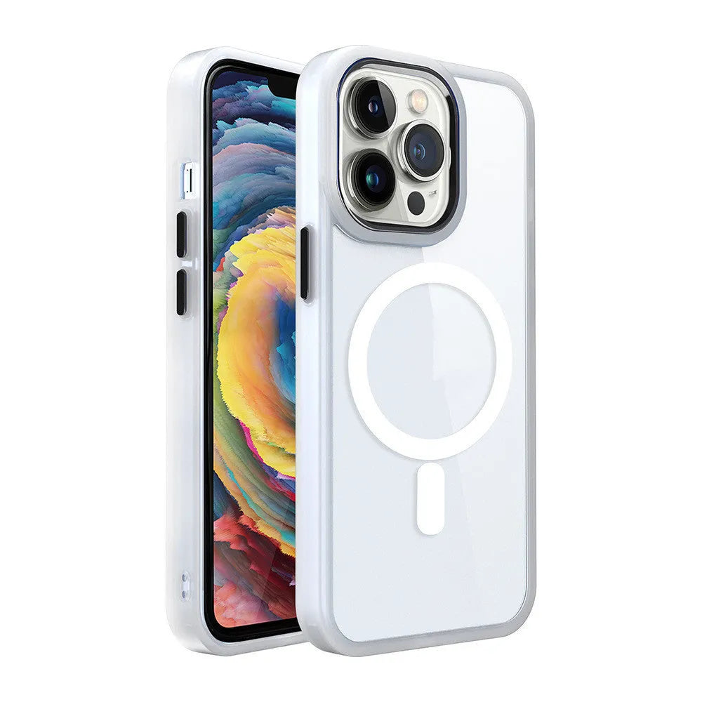 Transparent magnetic silicone phone case for iPhone models showing colour options