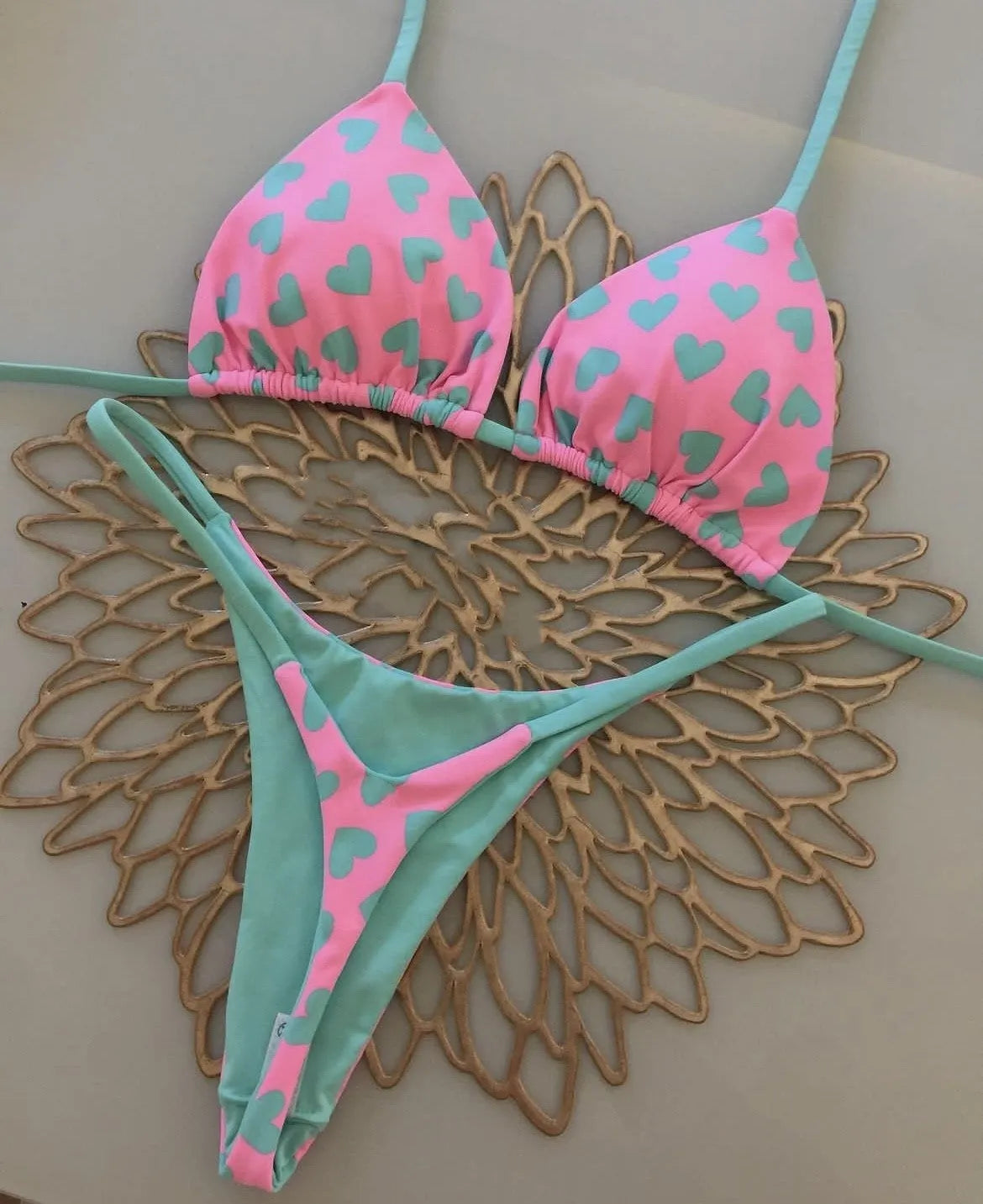 Heart print backless swimsuit with high-cut split briefs in nylon fabric with cotton lining