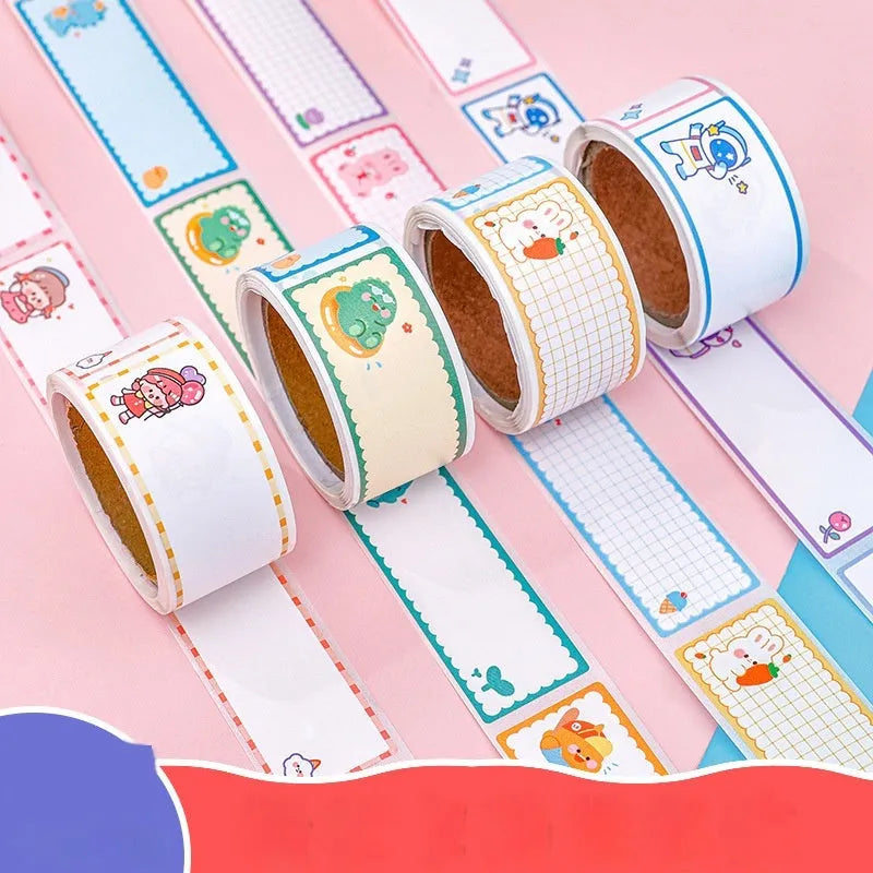 Roll of colourful cartoon name tape stickers showing Dinosaur, Astronaut, Rabbit, and Girl design options.