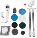 White handheld electric cleaning ball with a brush attachment on a household surface.