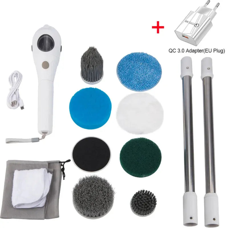 White handheld electric cleaning ball with a brush attachment on a household surface.