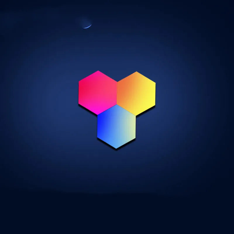 Colourful hexagonal LED wall lamp with remote control displaying rainbow effect on a bedroom wall