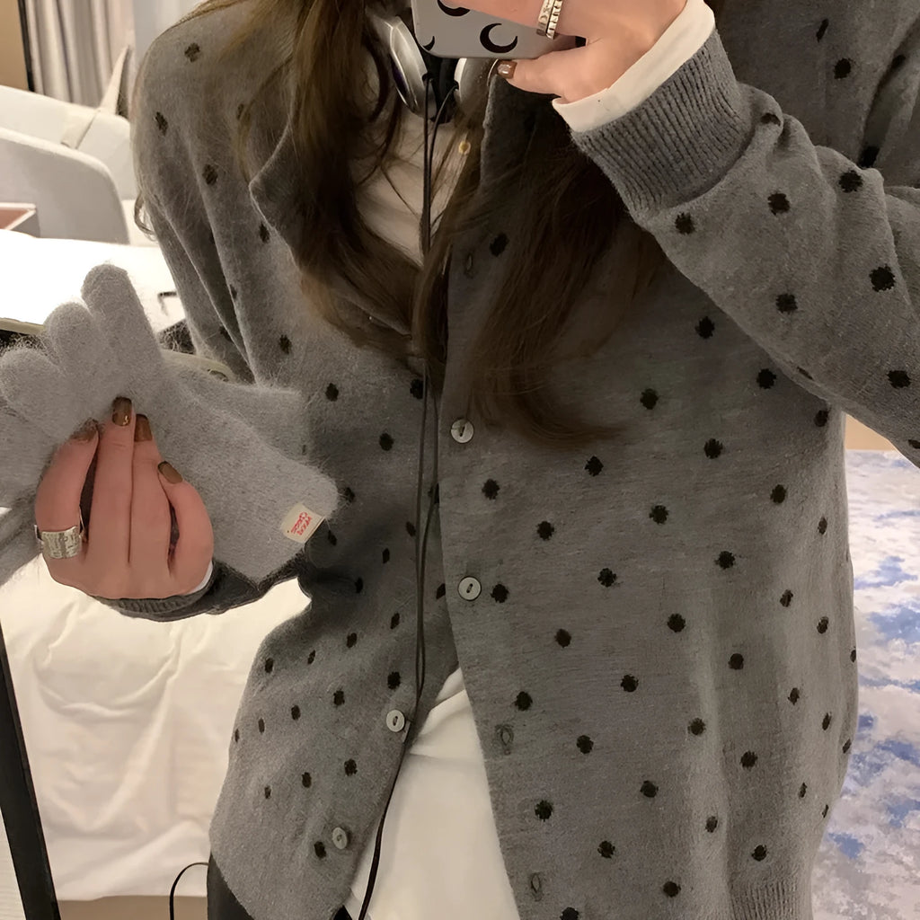 Women's Korean-style grey dot knitted cardigan with crochet flower details and long sleeves
