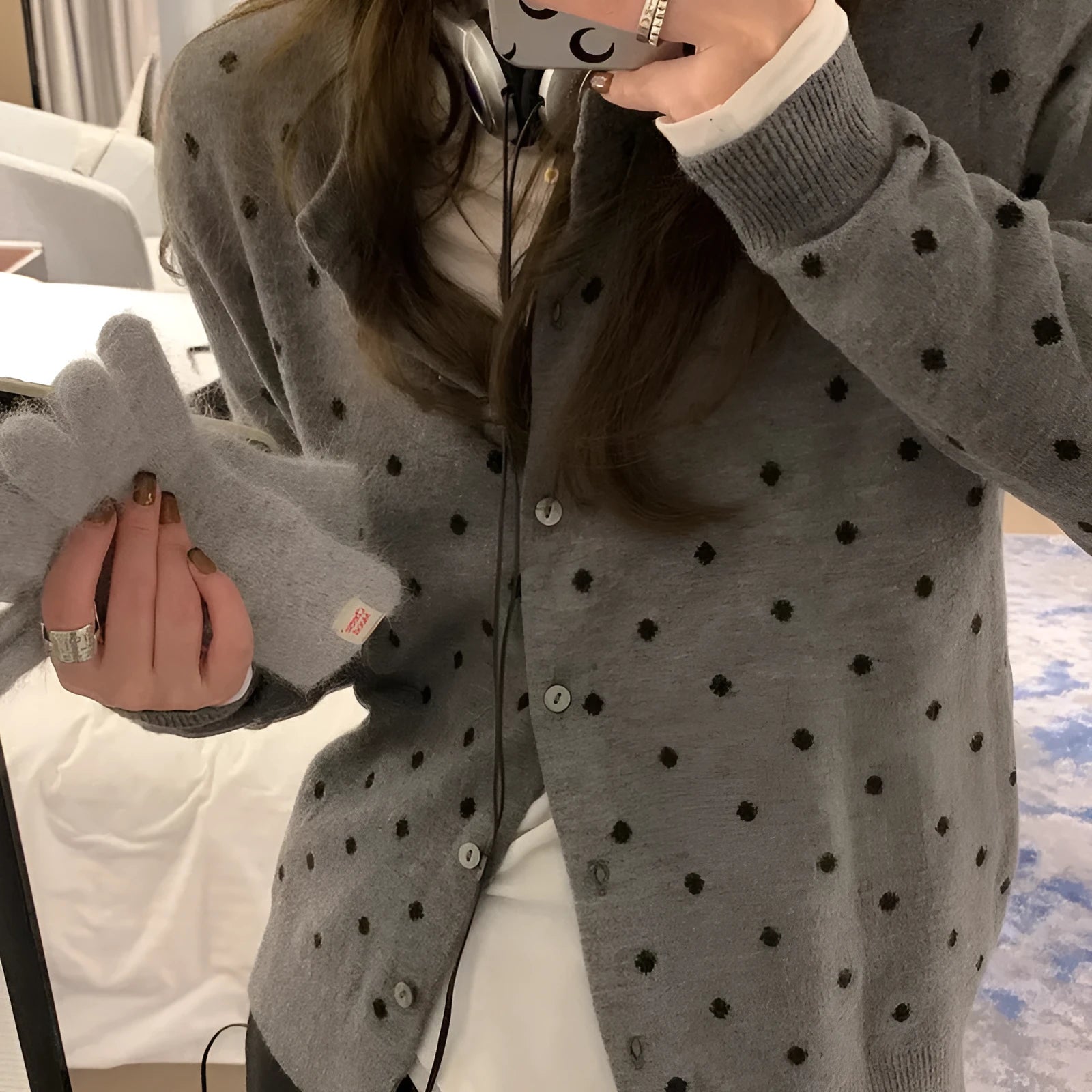 Women's Korean-style grey dot knitted cardigan with crochet flower details and long sleeves