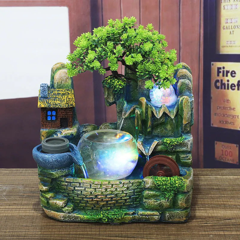Desktop waterscape fish tank creative humidifier in retro nostalgic resin style, 308+ fog colour, landscape shape with flowing water ornament