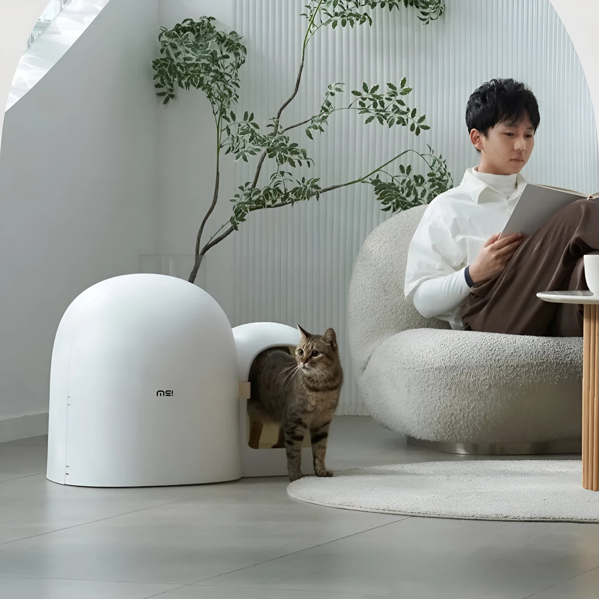 Fully enclosed oversized cat litter box in choice of Aurora White, Milk Tea, or Moss Green colours.
