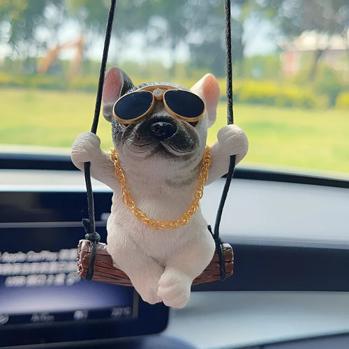 Resin cartoon bulldog car hanging ornament for rearview mirror in black, white, or yellow.