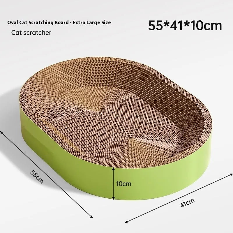 Green oval corrugated paper cat scratch board and nest bed showing 55cm diameter.