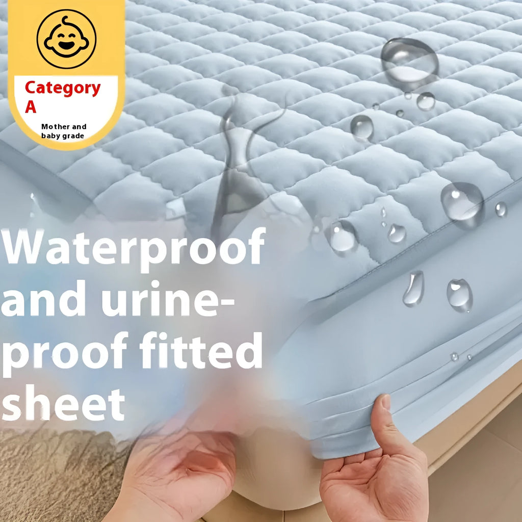 Blue waterproof fitted sheet with elasticated corner on a mattress