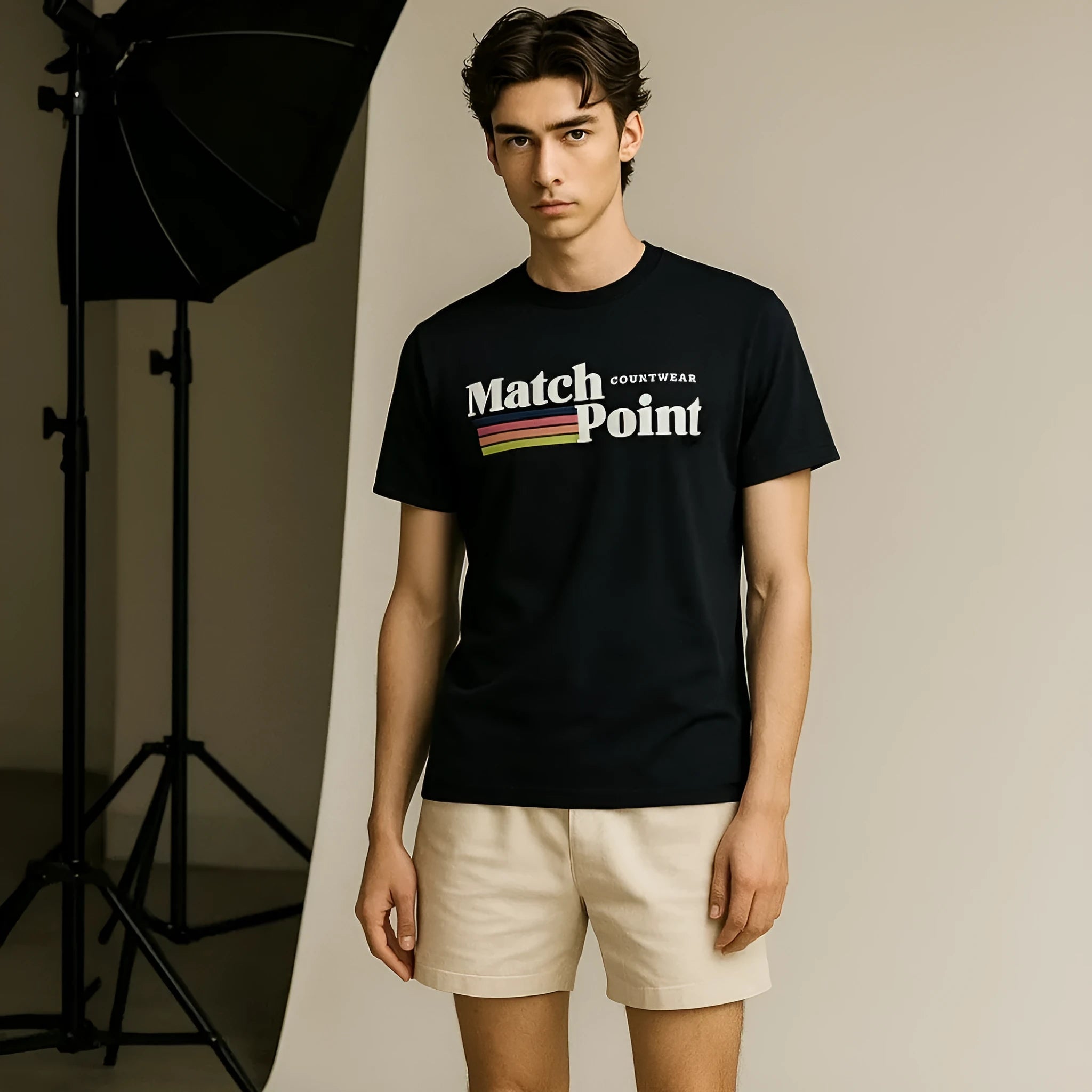 Black men's T-shirt with 3D digital printed text pattern, short sleeves, and round neck.