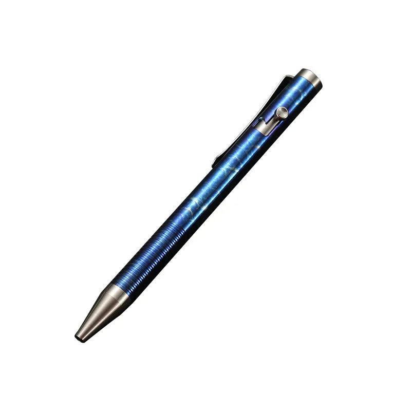 Titanium alloy ballpoint pen with magic color phantom finish and gun bolt handle design, 122mm length