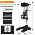 Stainless steel manual vertical citrus juicer on a countertop, showing optional colour finishes and head styles.