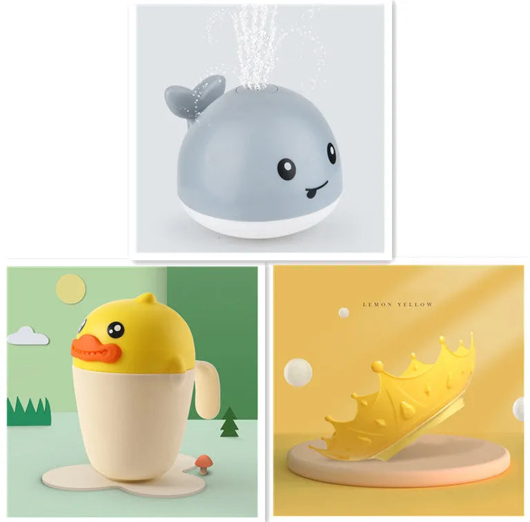 Automatic water spray whale bath toy floating in water with fountain and LED lights