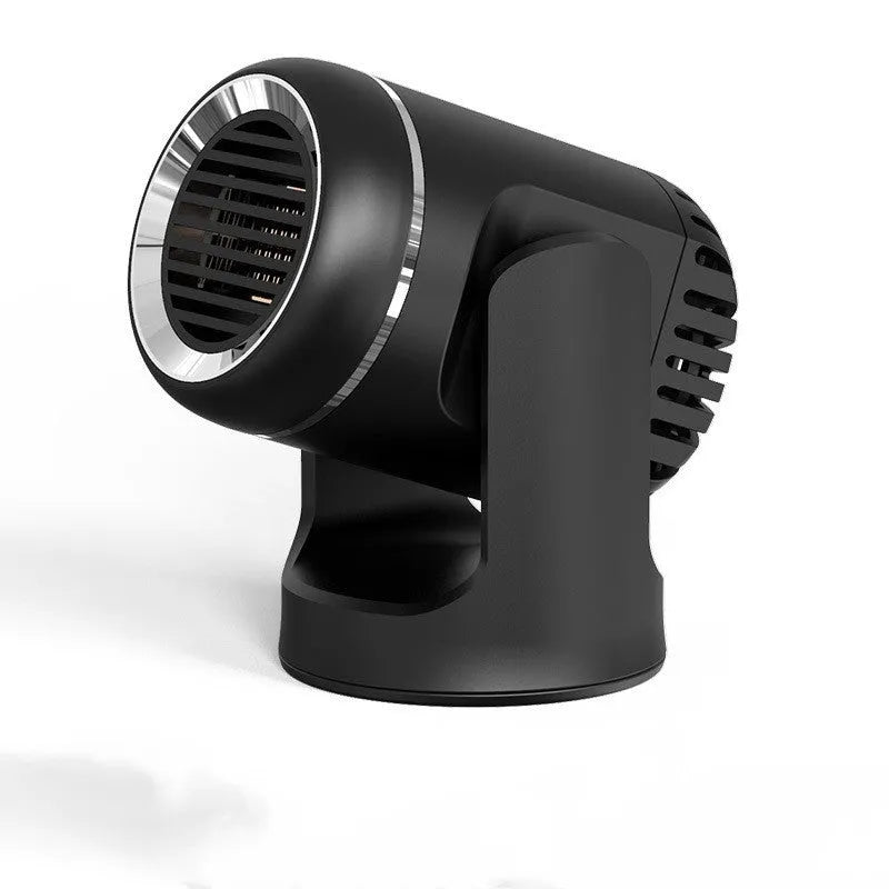 Black and white 12V car heater measuring 14x12x8cm with 1.5m power cord for defrosting and hair drying