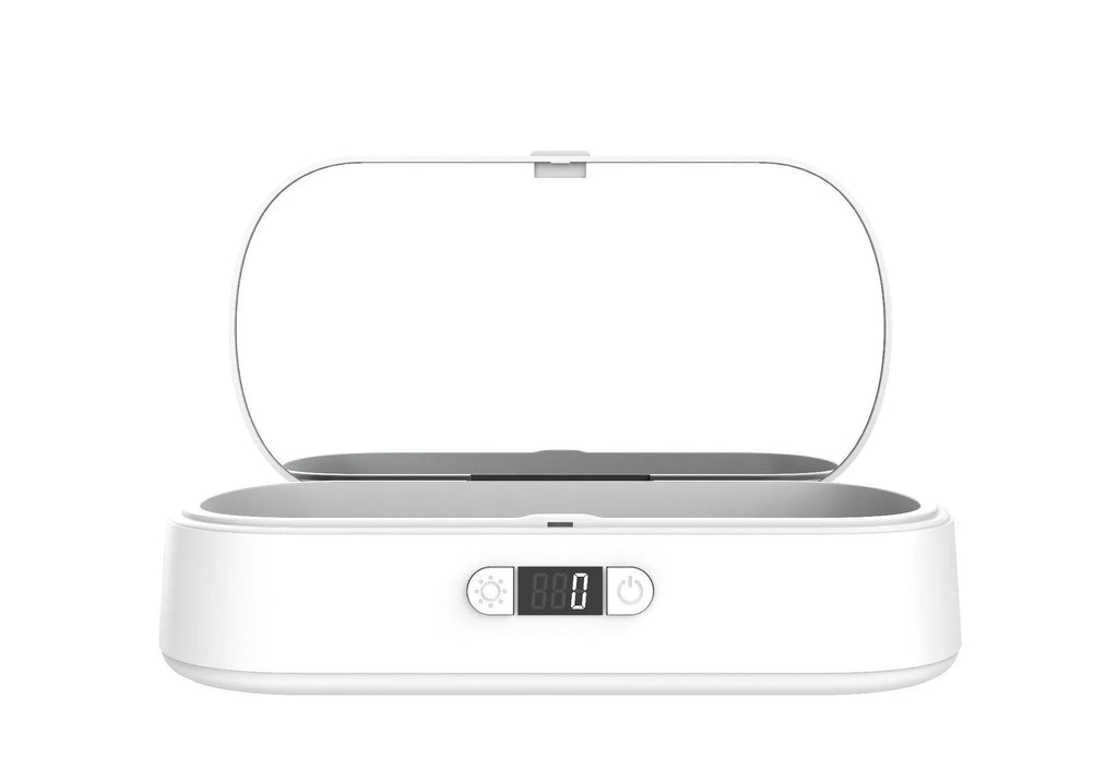 White portable UV steriliser box with wireless charging for phones and personal items