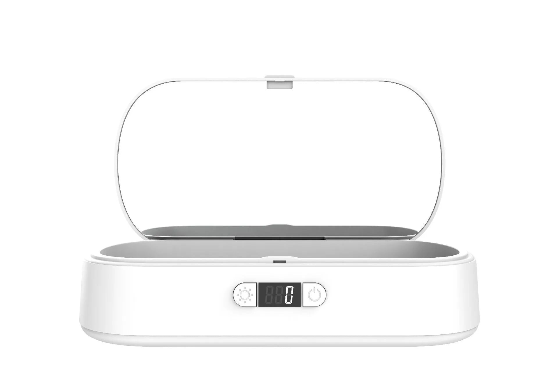 White portable UV steriliser box with wireless charging for phones and personal items
