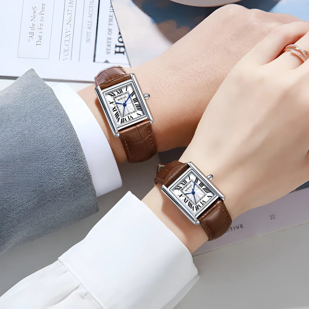 Couple leather watch with square dial, 7mm thickness, waterproof, in gold and black colour option on a white background