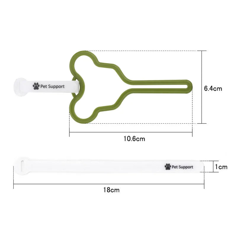A dog poop bag holder with a fixed clip and adjustable Velcro strap, shown in a random colour.