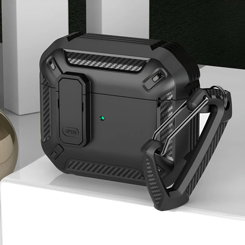 Two-tone clamshell protective case for Apple AirPods with a metal hook attached.