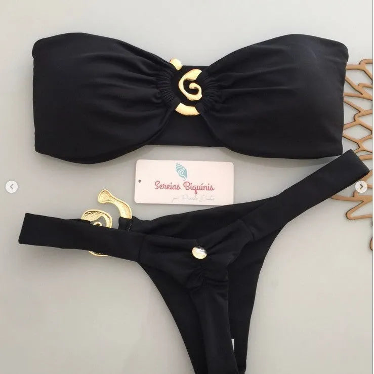 Women's metal ornament split swimsuit bikini in polyester, black snail ornament with removable shoulder strap, for swimming and wading