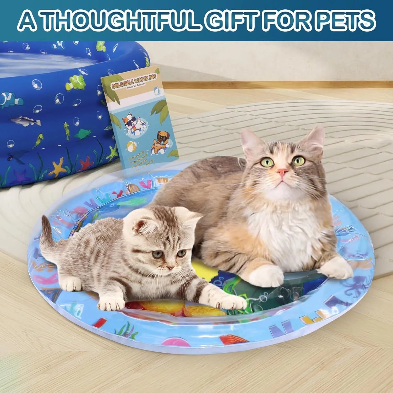 Square blue water sensory playmat for cats and dogs with floating fish toys inside, on a home floor.