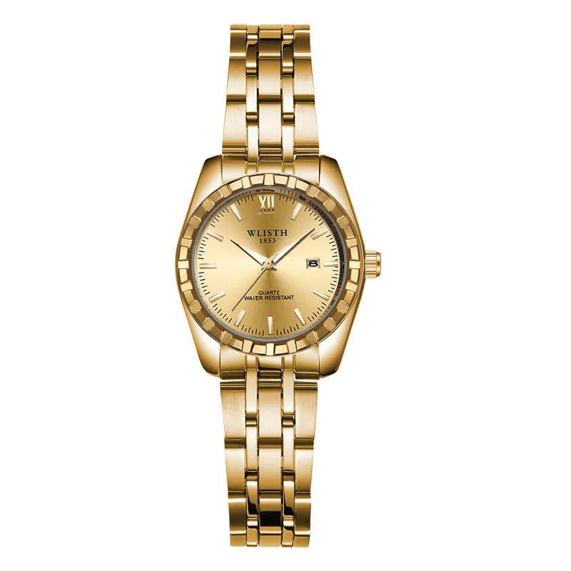 Couple watch with steel band, 28mm dial, luminous hands, and date window in silver finish