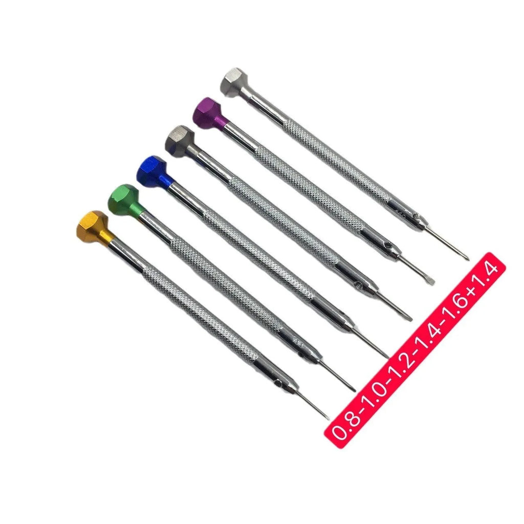 Six piece watch repair screwdriver set with copper handles and colour coded aluminium accents for children's watch maintenance
