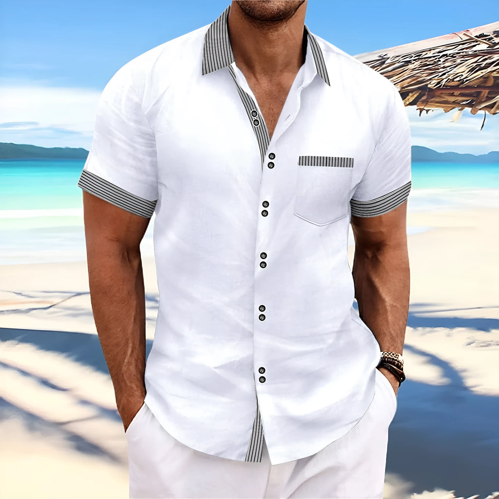 Man's striped short sleeve casual shirt with double-button placket in pure cotton, shown in slim fit.