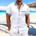 Man's striped short sleeve casual shirt with double-button placket in pure cotton, shown in slim fit.
