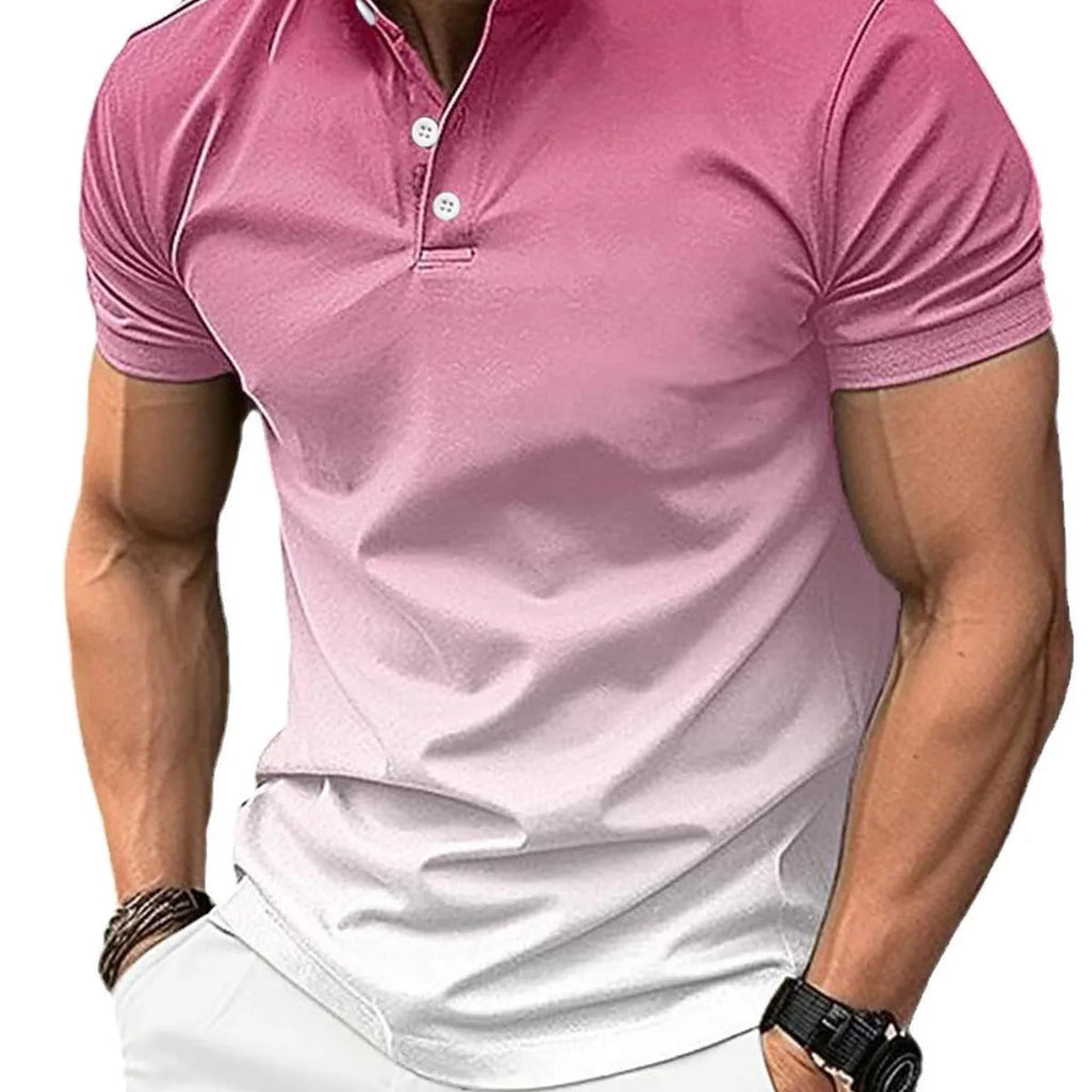 Cotton blend stand collar gradient short sleeve t-shirt in green, regular fit, short sleeves, colour-block pattern