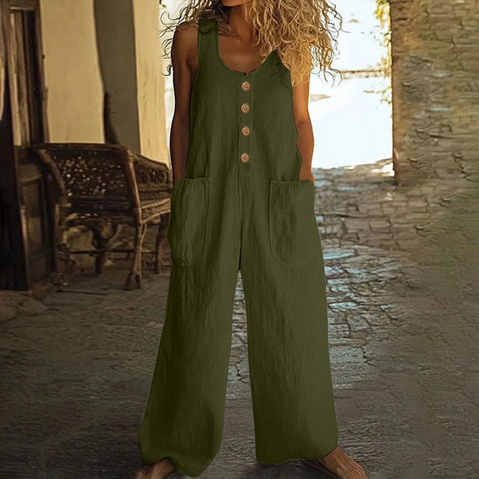 Sleeveless wide-leg cotton jumpsuit in art retro style shown in a selected colour