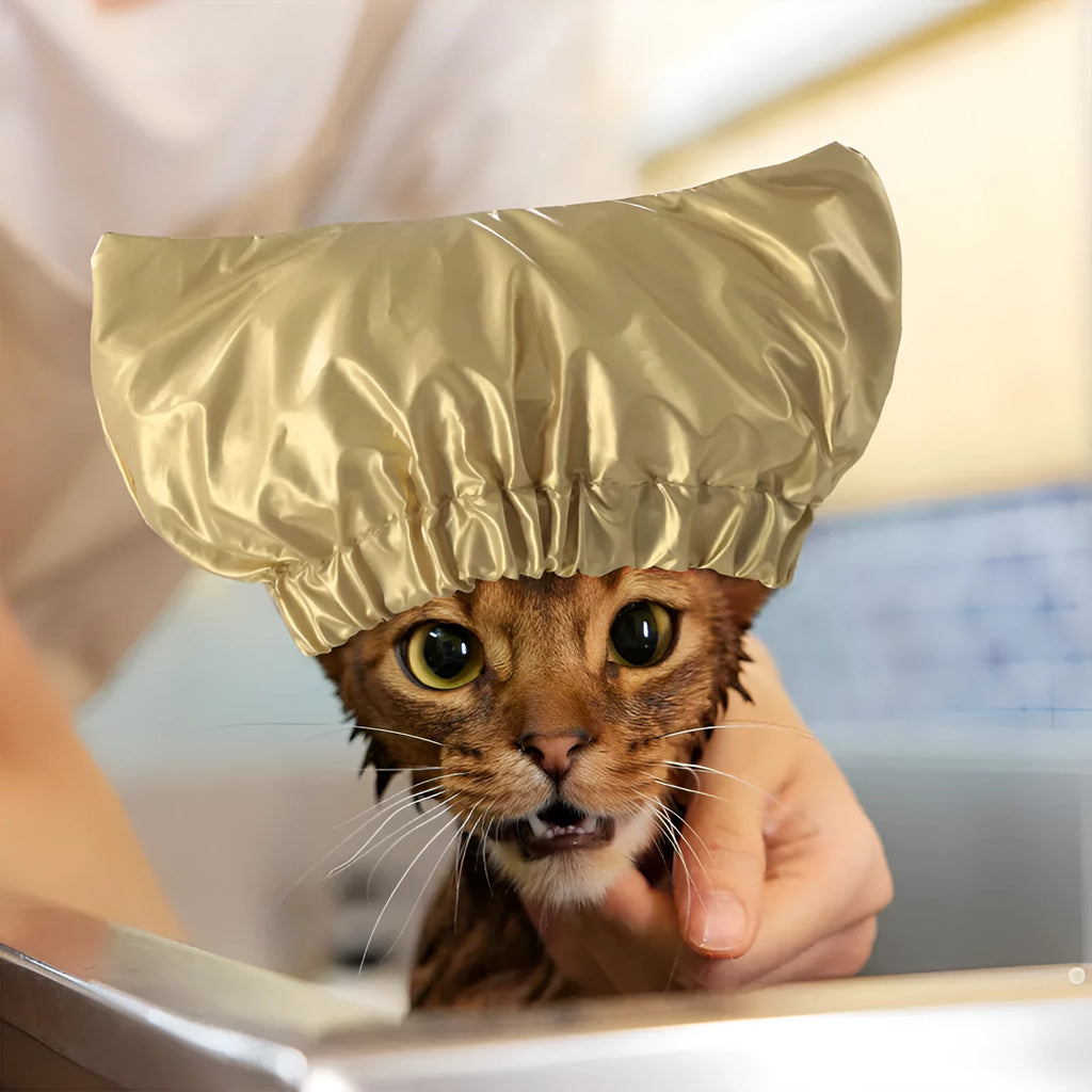 Adjustable pet shower cap for dogs and cats in waterproof non-woven fabric with three colour options