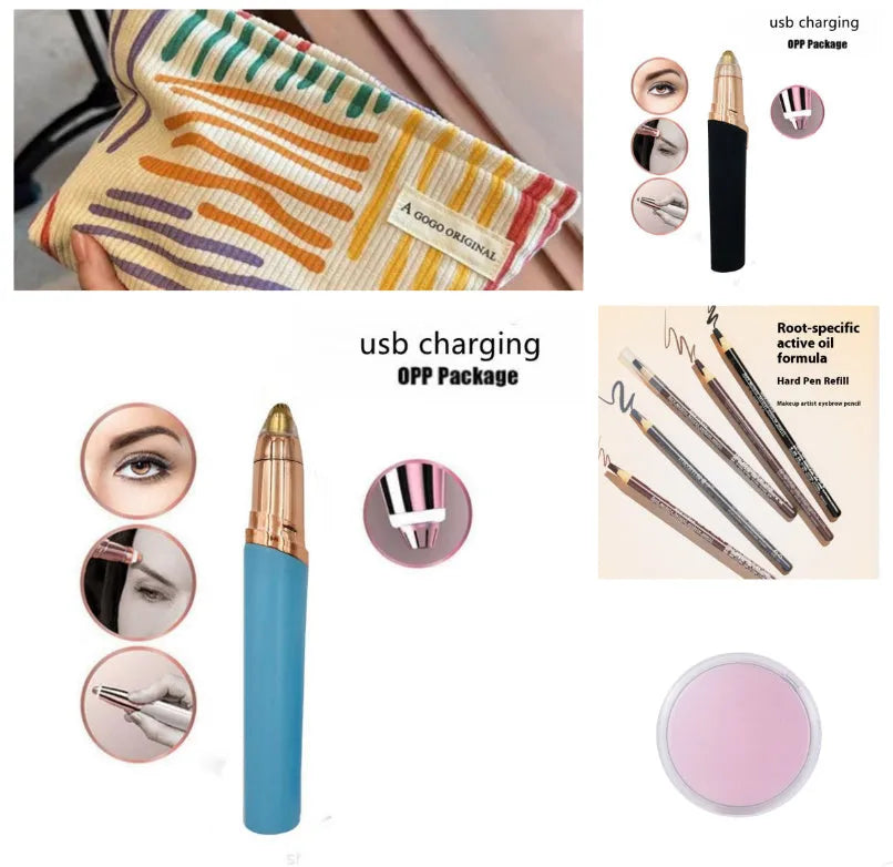 Eyebrow epilator pen with gold plated head and LED light on pink background