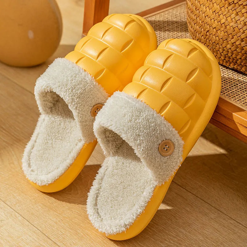Women's pink detachable sole plush house slipper with round toe and flat heel