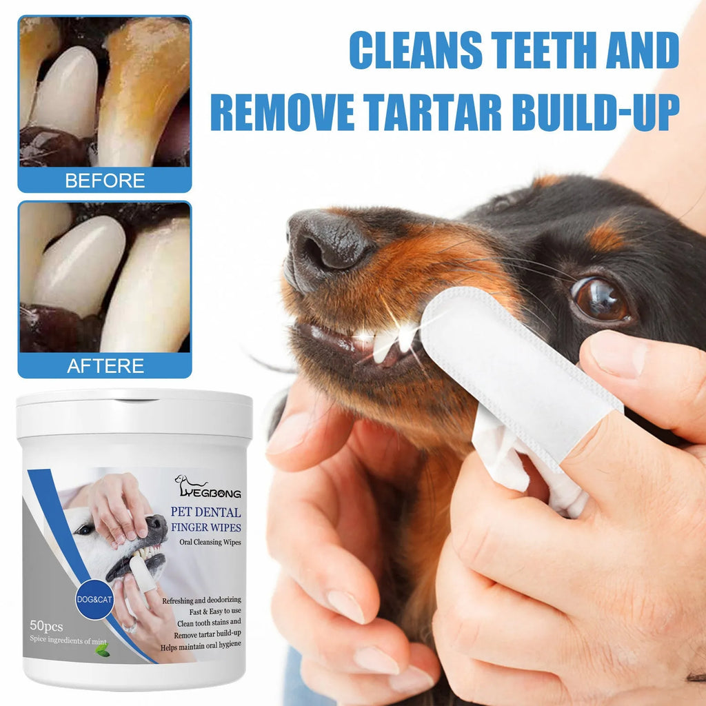 Can of 50 dog teeth cleaning finger wipes next to a silicone finger stall for oral care.