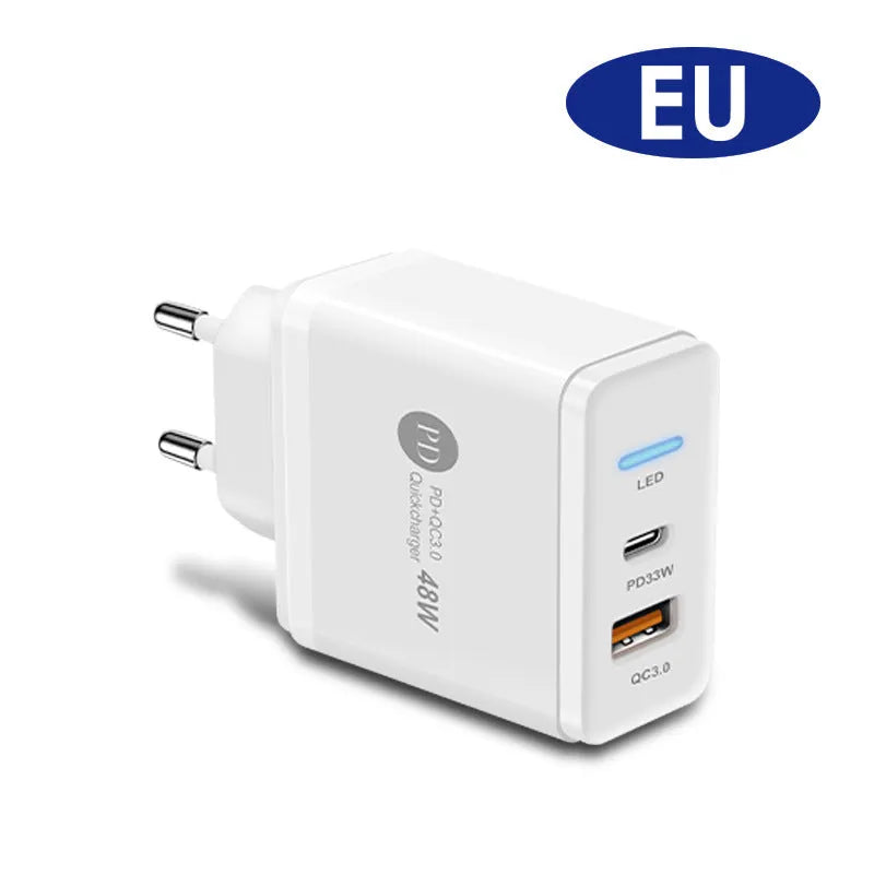 PD48W fast travel charger with UK three-pin plug in black or white colour, showing type-C USB port