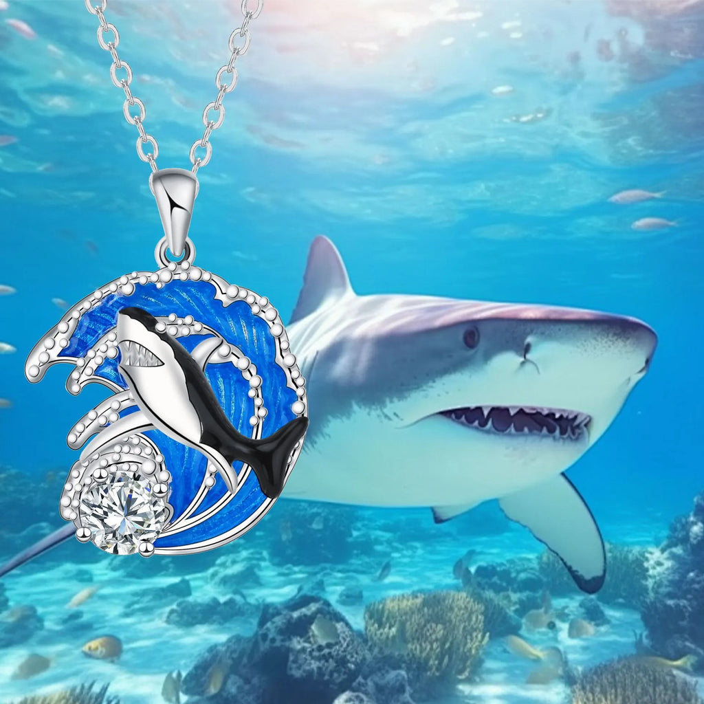 Women's shark necklace with copper pendant on cross chain, electroplated animal jewellery