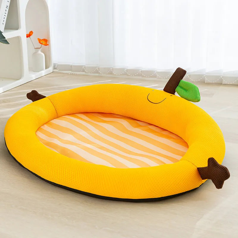 Green pet cooling bed with fruit-shaped backrest in large size for dogs