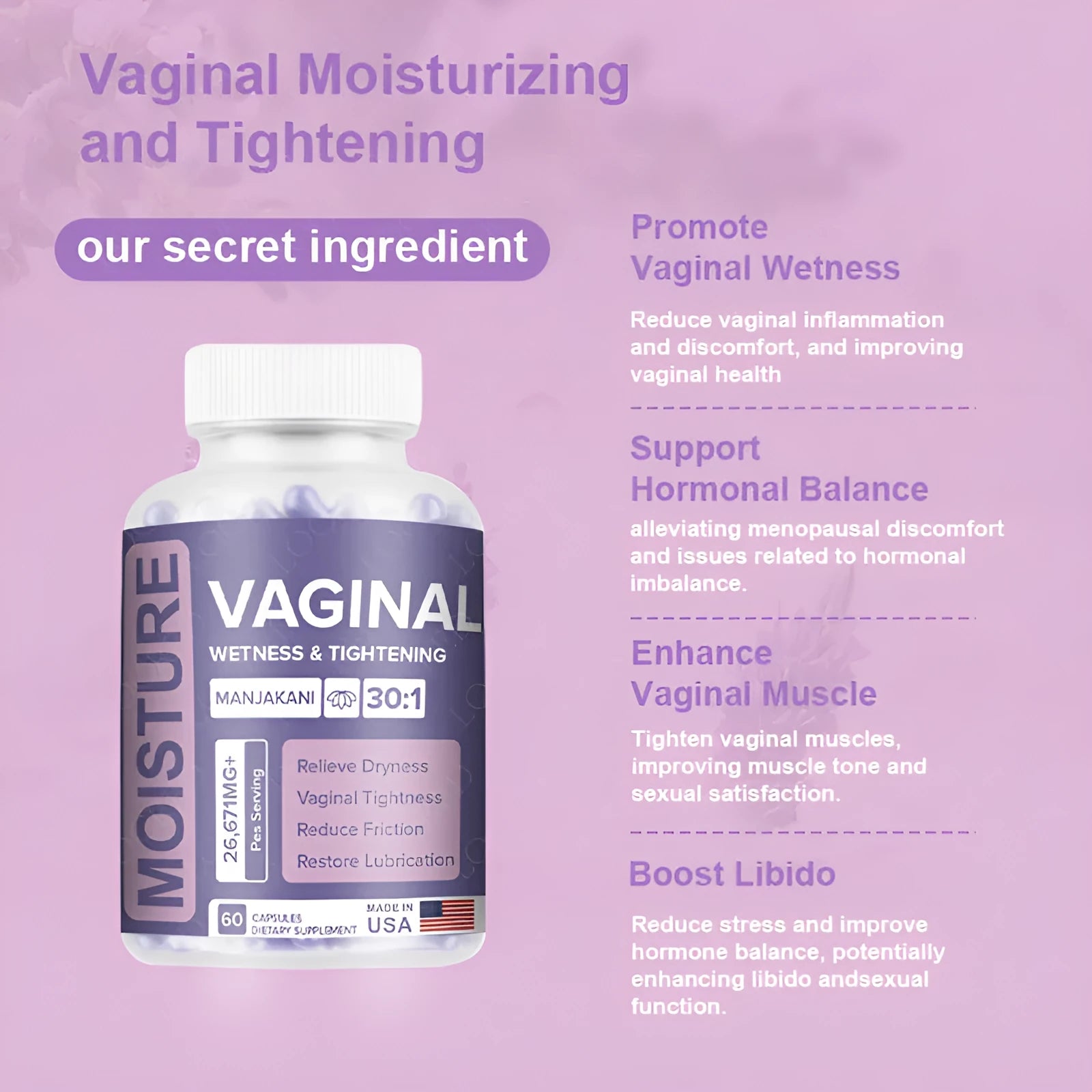 Bottle of Popular Vaginal Capsule supplement containing 60 capsules for adult women