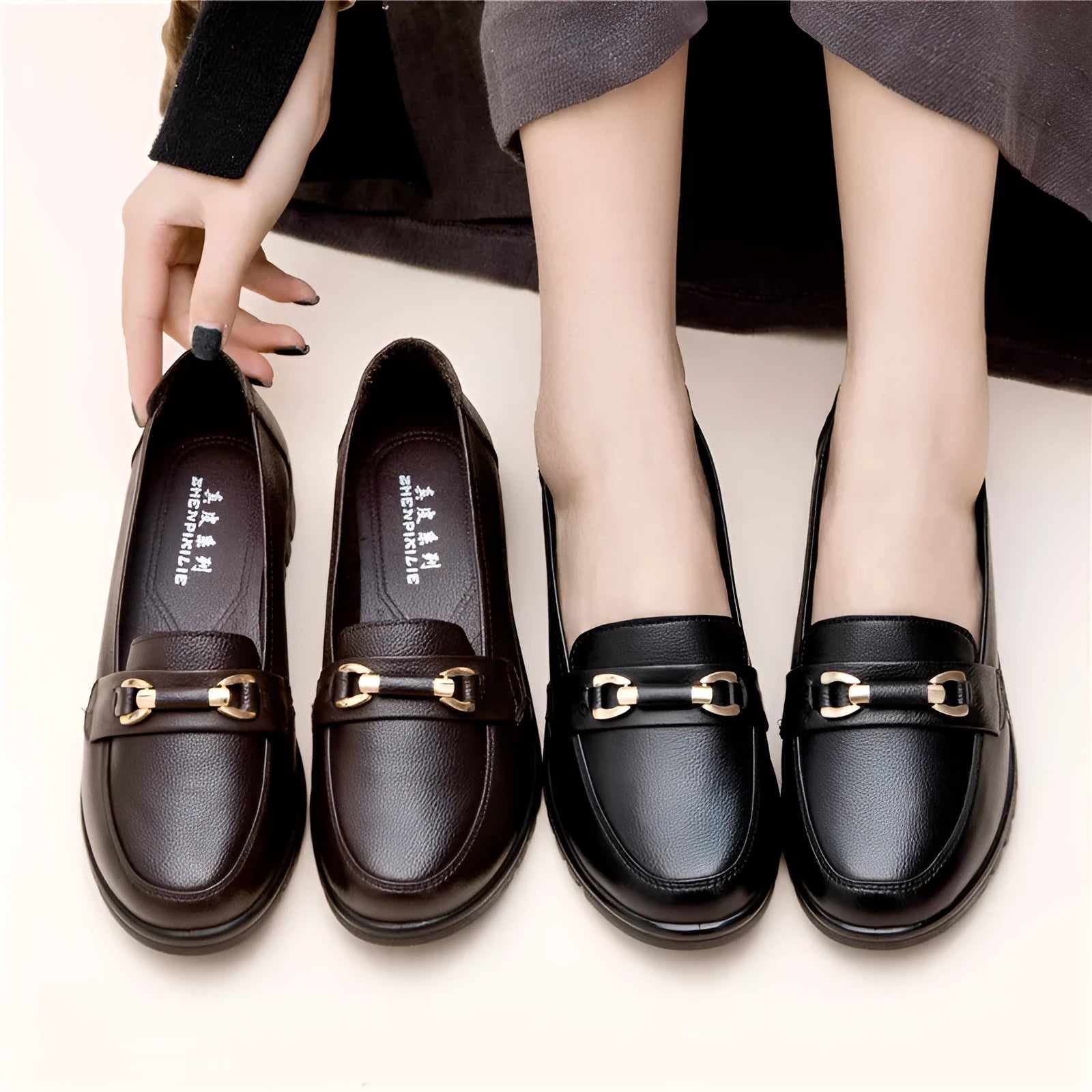 Black women's pumps with soft leather upper, low heel, and round toe casual shoes