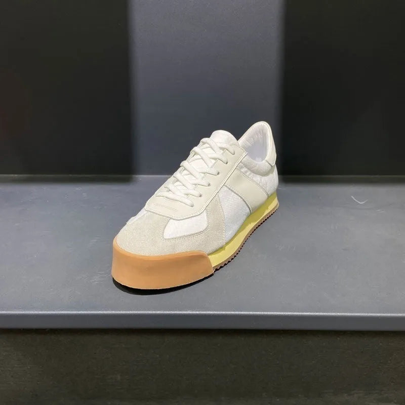 Summer men's ultra-light cow suede mesh breathable sports shoes with raised bottom and mid heel in grey side view