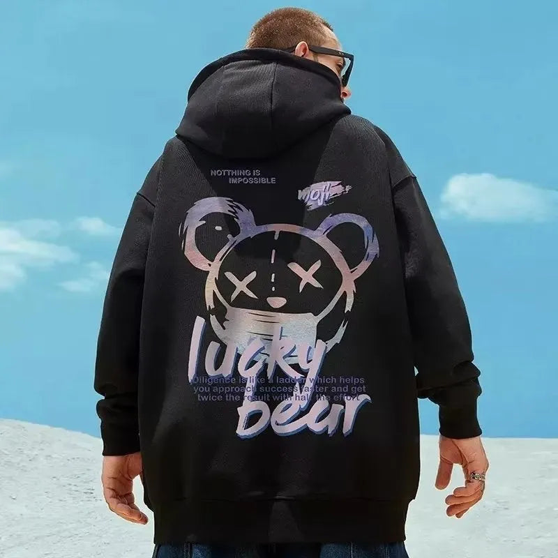 Hooded plus size men's pullover sweatshirt with wool lining in black, available in sizes M to 4XL