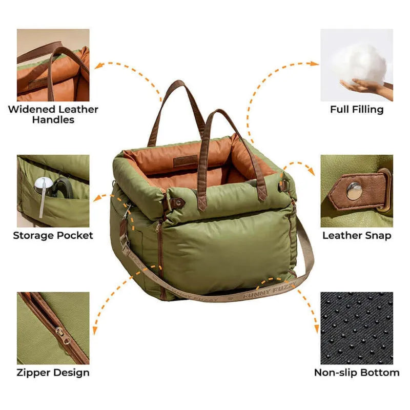 Green waterproof PU leather pet car nest bed for dogs, removable and washable.