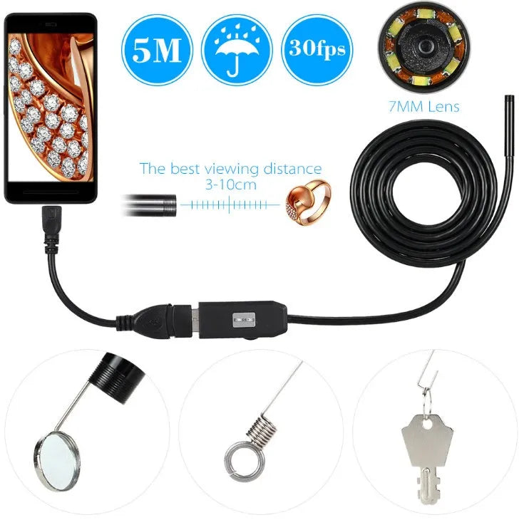 OWSOO USB endoscope camera with flexible cable, magnet, hook, and side mirror next to a smartphone.