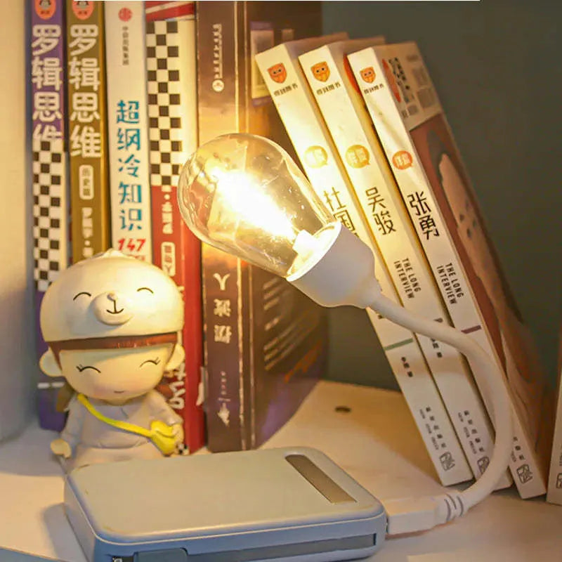 USB rechargeable folding night light with tungsten LED bulb in folded and unfolded positions