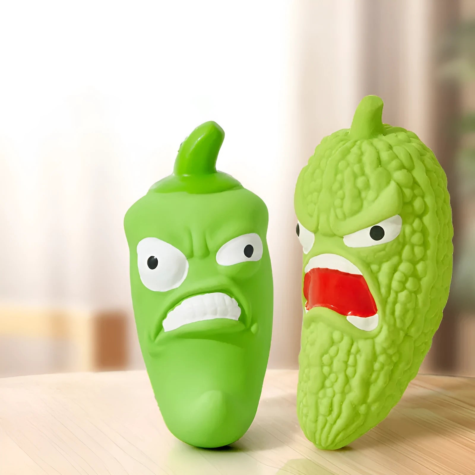 Bitter melon and chilli shaped dog toy with textured teeth cleaning surfaces and sound effects