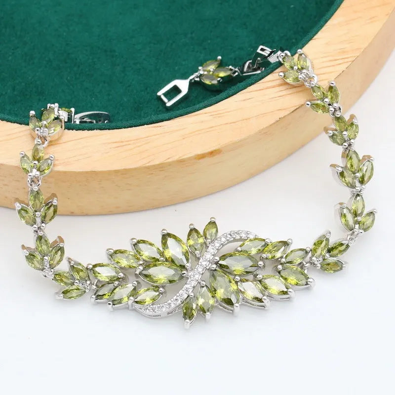 Retro alloy copper inlaid zircon jewellery set with plant and flower pattern in olive purple and colourful