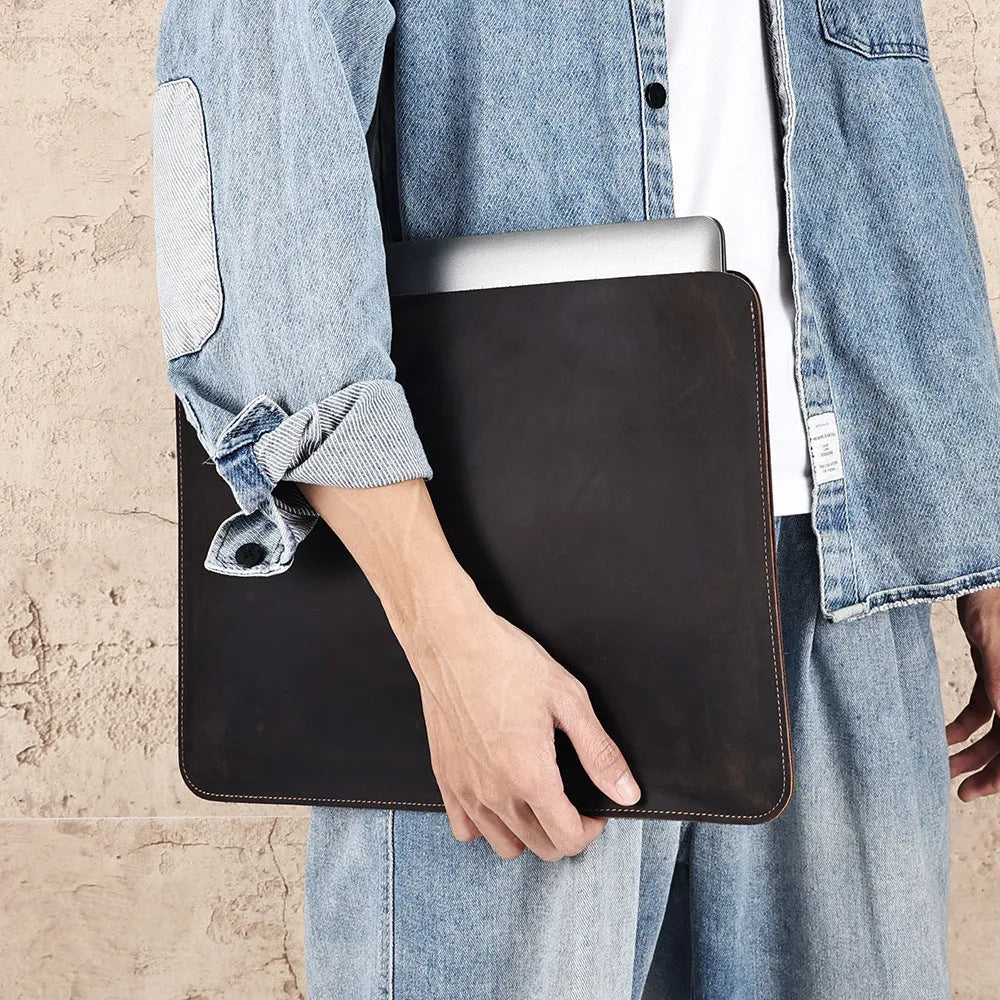 Brown genuine leather computer bag with horizontal design and cowhide lining